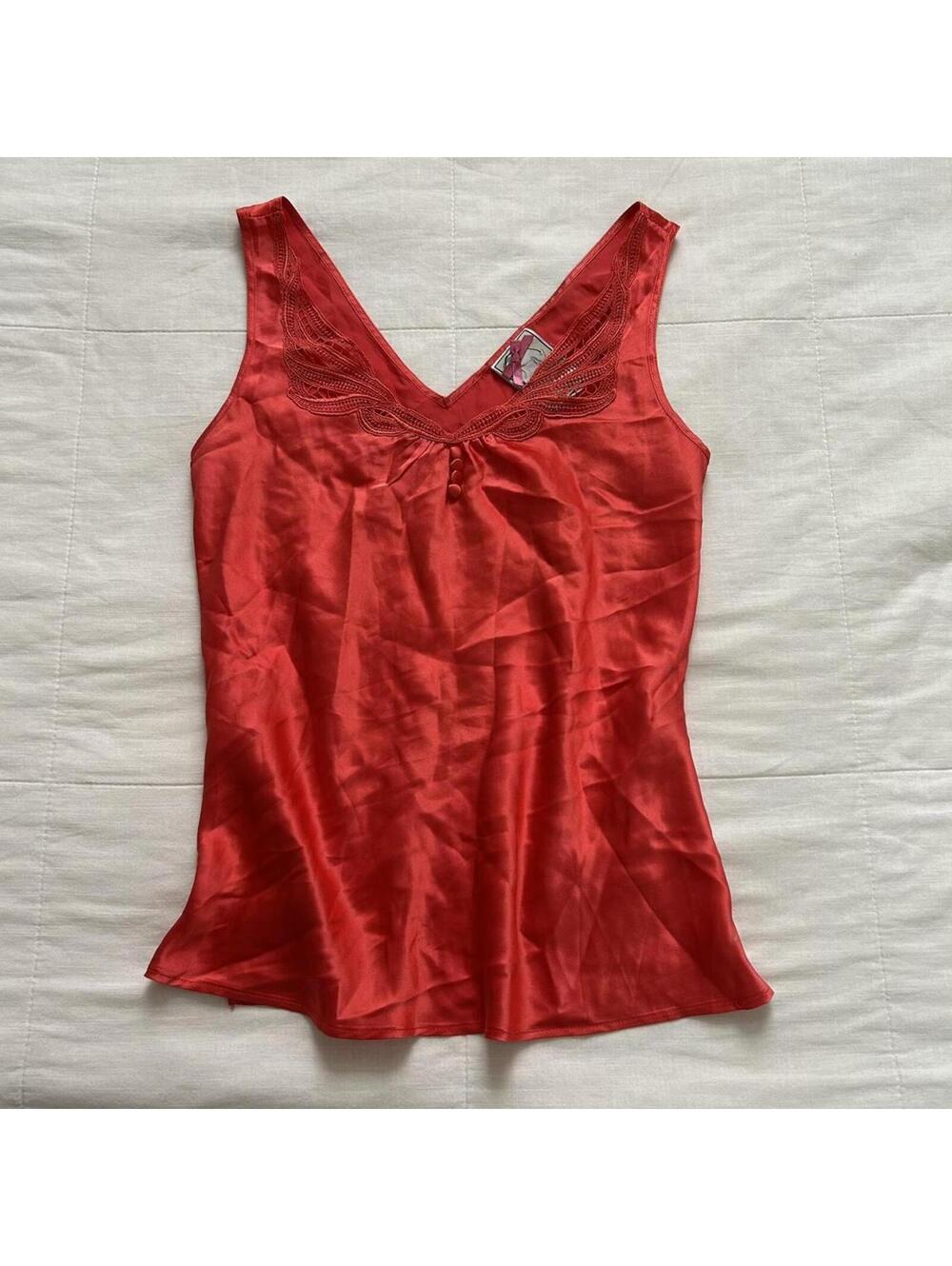 Yoana Baraschi Red Silk Lace Button Tank Top Size S
